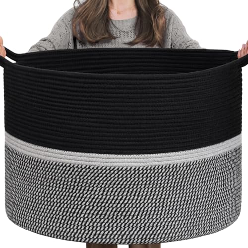 CHICVITA Extra Large Woven Rope Blanket Basket with Handles, Black - color: Black and Gray