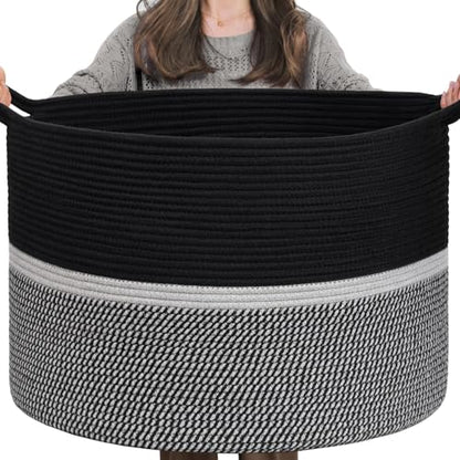 CHICVITA Extra Large Woven Rope Blanket Basket with Handles, Black - color: Black and Gray