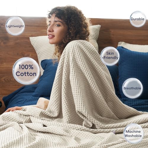 PHF 100% Cotton Waffle Throw Blanket Lightweight Breathable, Linen/Stone - color: Linen/Stone, size: Throw(50" x 60")