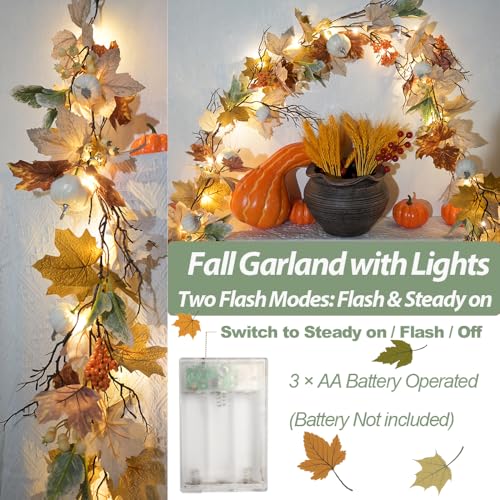 6.2FT Fall Maple Pumpkin Berry Garland with Lights and Timer - Mixed Gray - color: Mixed Gray