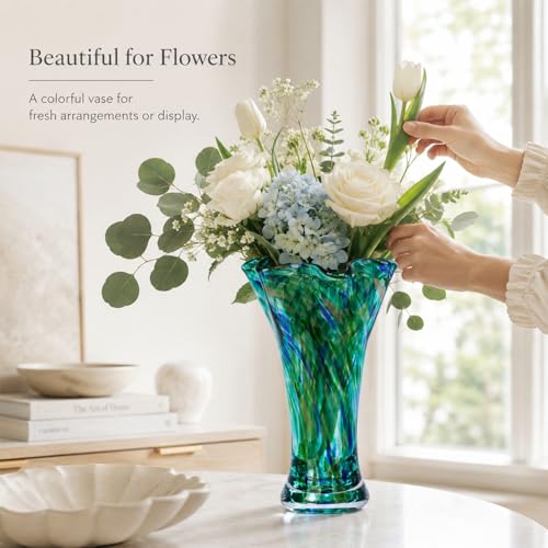 LCCCK 9.0" H Teal Glass Vases for Flower, Unique Hand Blown Glass Vase - color: Teal