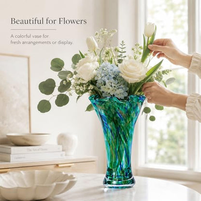 LCCCK 9.0" H Teal Glass Vases for Flower, Unique Hand Blown Glass Vase - color: Teal