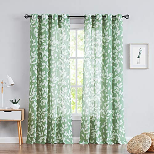 White Green Sheer Linen Curtains 84" Leaf Print Bedroom Window Drapes 2pk - color: Green, size: 52"W x 84"L (Pack of 2)