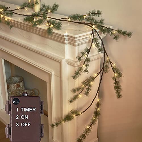 LITBLOOM Lighted Christmas Pine Garland Battery Operated with Timer 6FT 48 Warm White LED Lights for Fireplace Mantle Christmas Holiday Decoration Indoor Outdoor - style: Pine