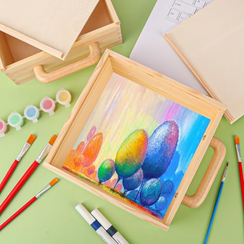 2 PCS Wood Boxes for Crafts, 8.86 x 8.86 x 3.35 Inch Wooden Box with Sliding Lid, Unfinished Wood Box with Handle for Party, DIY, Birthday - size: 2 Pack 8.86 x 8.86 x 3.35 inch