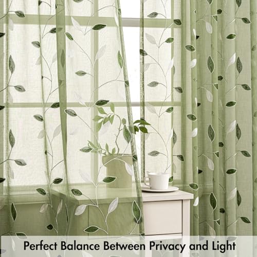 MIULEE Sage Green Sheer Curtains 2 Panels Leaf Patterned, W30 x L24 - color: Sage Green, size: 30"W x 24"L (Pack of 2)