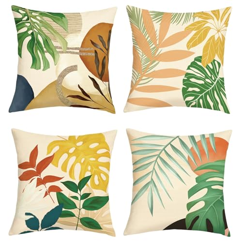 18x18 Set of 4 Boho Tropical Leaves Throw Pillow Cushion Covers
