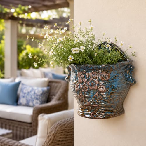 Ceramic Wall Planter for Indoor and Outdoor Plants, Decorative Ceramic Hanging Planter with Drainage Hole, Wall Hanging Flower Pot for Succulents, Herbs, Patio, Fence, Porch and Garden Decor -(Home) - color: Embossed - Home