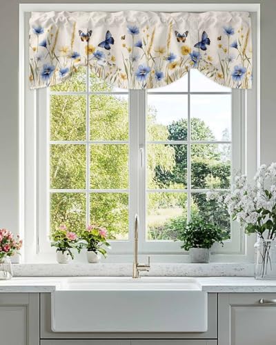 Butter-fly Leaves Tie Up Valance Curtain for Kitchen Living Room Bedroom Bathroom Cafe,Rod Pocket Short Window Drape Panel Adjustable Drapary Print,Elegant Fall Yellow Blue Yellow Daisy Beige 54"x18" - size: 54"W x 18"L (Pack of 1)