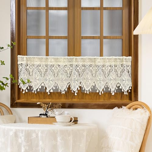Rustic Crochet Curtains Valance for Kitchen Cotton Lace Curtains for Small Window Farmhouse Tassel Curtains for Coffee Decor Rod Pocket Hollow Sheer Curtain Tiers for Bath 1 Panel W35 X L15 Inch