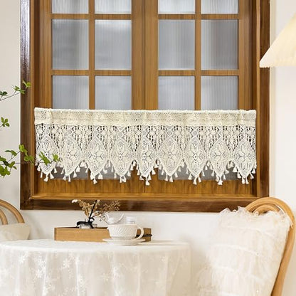 Rustic Crochet Curtains Valance for Kitchen Cotton Lace Curtains for Small Window Farmhouse Tassel Curtains for Coffee Decor Rod Pocket Hollow Sheer Curtain Tiers for Bath 1 Panel W35 X L15 Inch