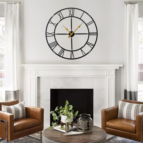 32 Inch Large Silent Wall Clock, Easy Assembly Roman Numeral Black - color: Black Metal Wall Clock, size: 32inch