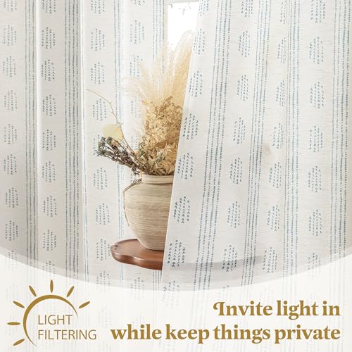 Blue Linen Boho Curtains 96 Inch Farmhouse Grommet Top 2 Panels - color: Boho | Blue, size: 52"W x 96"L (Pack of 2)