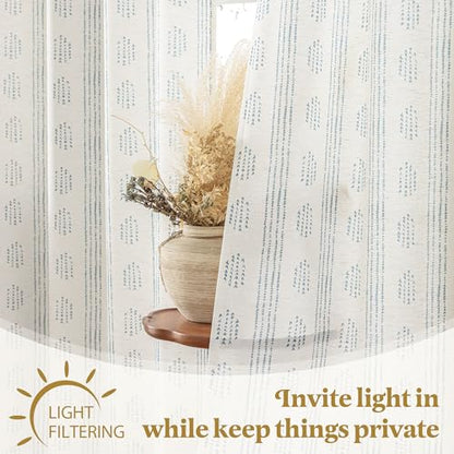 Blue Linen Boho Curtains 84 Inch Farmhouse Grommet Top 2 Panels - color: Boho | Blue, size: 52"W x 84"L (Pack of 2)