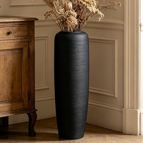 Black Rustic Ceramic Floor Vase, 24 Inch, Ribbed Texture - size: 23.6 Inch