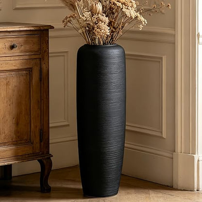 Black Rustic Ceramic Floor Vase, 24 Inch, Ribbed Texture - size: 23.6 Inch
