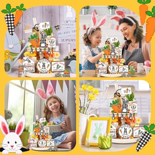 Marsui Easter Tiered Tray Decor Happy Easter Tiered Tray Ornament Rustic Farmhouse Spring Sign Bunny Truck Gnome Egg Wooden Sign for Home Table Decor(Plaid) - style: Plaid