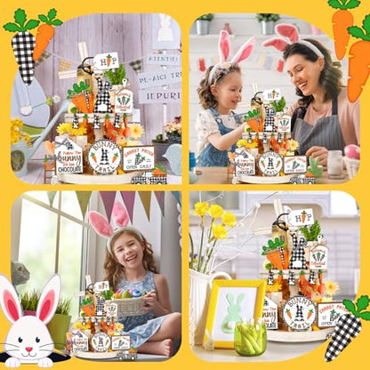 Marsui Easter Tiered Tray Decor Happy Easter Tiered Tray Ornament Rustic Farmhouse Spring Sign Bunny Truck Gnome Egg Wooden Sign for Home Table Decor(Plaid) - style: Plaid