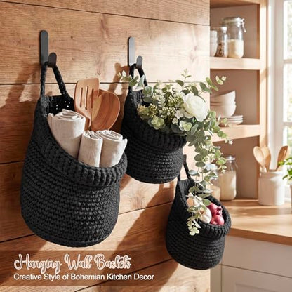Honeydak 3 Hanging Baskets, Black, Wide Bucket Basket - color: Black, style: Wide Bucket Basket