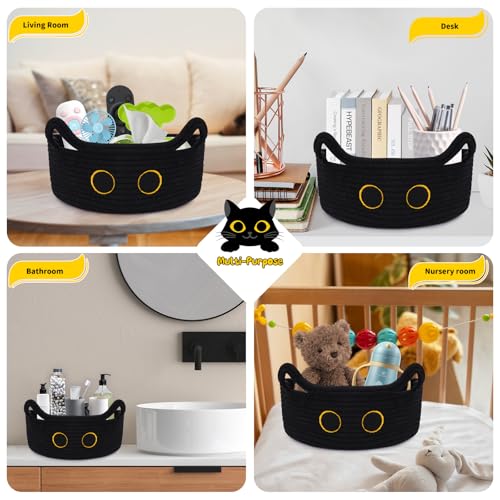 Black Cat Toy Basket for Nursery,Small Cute Cat Oval Woven Rope Basket - color: Black, size: 12"D x 5"H IN