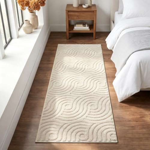 Etwel 2x6 Beige Modern Abstract Textured High-Low Pile Washable Runner Rug - color: Swirl-beige, size: 2' x 6'