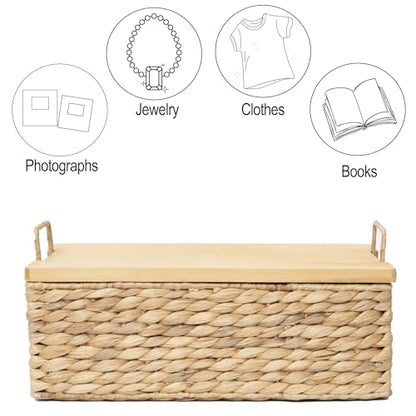 Water Hyacinth Wicker Storage Baskets with Wooden Lid (Large) - size: Large (Single)