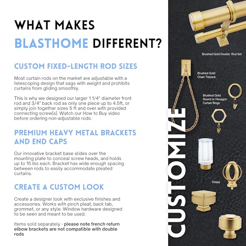 BlastHome® Luxury Fixed Length Double Curtain Rod, 9 ft, Brushed Gold - color: Brushed Gold, size: 9 foot, style: Double Rod