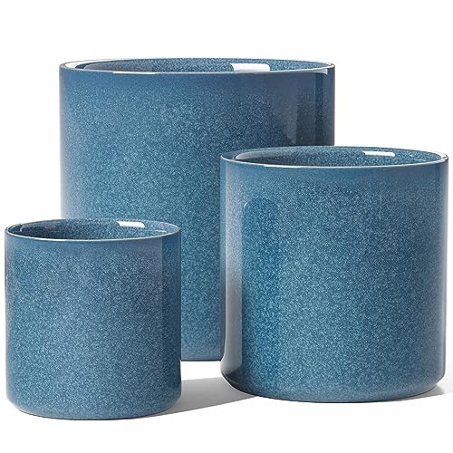 LE TAUCI 10+8+6 Inch Ceramic Pots for Plants, Indoor Planters with Drainage Hole and Plug, Modern Cylinder Flower Pots Set of 3 for Living Room and Bedroom, Glossy, Harbor Blue - color: Harbor Blue