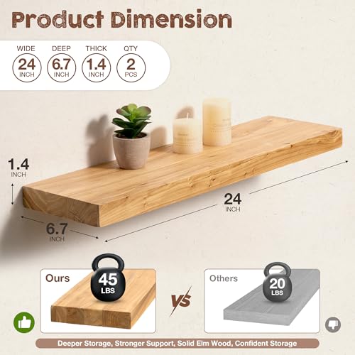 fuqing Floating Shelves for Wall, 24 Inch Rustic Solid Elm Wood Shelves - color: Natural Elm Flat Edge - 6.7"d, size: 24"L - 2Packs