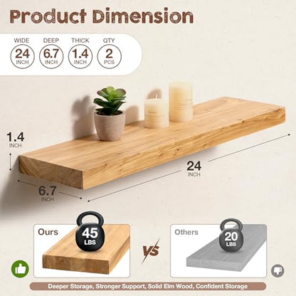fuqing Floating Shelves for Wall, 24 Inch Rustic Solid Elm Wood Shelves - color: Natural Elm Flat Edge - 6.7"d, size: 24"L - 2Packs