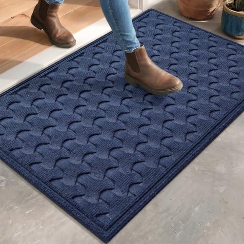 DEXI Front Door Mat Outside Entrance 17x30 Heavy Duty Entry Floor Doormat | Navy Blue, Dirt Trapper, Rubber Back, Non Slip Low Profile Mats for Entryway Exterior Patio - color: Navy Blue, size: 17" X 30" (Rectangular)