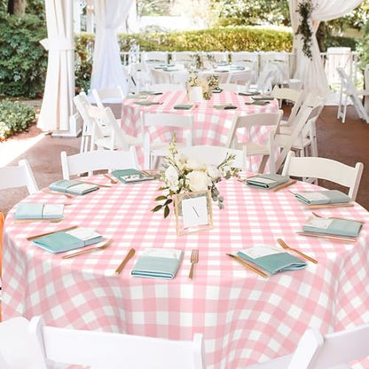 Mulbozy 2 Pcs Pink Gingham Round Plastic Tablecloth Disposable, 84 inch - color: Checkered-pink, size: 84" Round