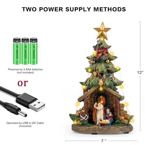 Qualdout Christmas Tree Nativity Scene with Figurines LED Light, Christmas Holy Family Nativity Scene for Xmas Decor Gift, Tabletop Decorative Christmas Ornaments