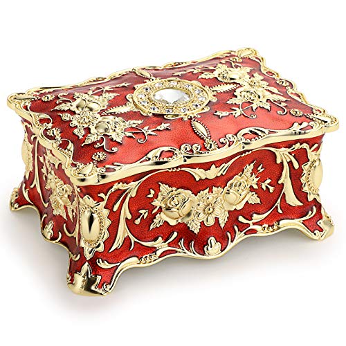 Hipiw Ornate Metal Jewelry Box Vintage Red Treasure Box with Gold Pattern - color: Red, size: Medium