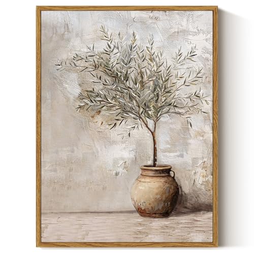 ARPEOTCY Vintage Framed Canvas Wall Art, 12x16inch, Farmhouse Olive Tree in Vessel Wall Decor, Still Life Art Prints Home Decorations, Botanical Paintings for Living Room Bedroom Office Decor - color: Olive Tree, size: 16"L x 12"W