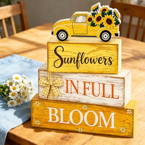 4 Pcs Summer Sunflower Table Decor, Wooden Sunflower Tiered Tray Decor with Truck, Rustic Farmhouse Yellow Block Tabletop Centerpiece for Home Kitchen Office Coffee Bar Fireplace Mantel Floating Shelf - style: Car