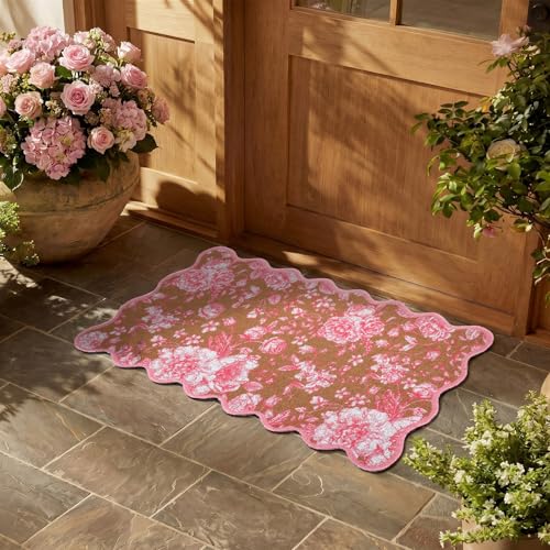 Dunzy Pink Doormat Cute Floral Outdoor Scalloped Welcome Faux Coir Mat - style: Pink Floral
