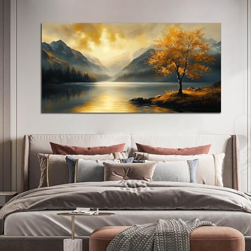 Ouzzlie Tree Wall Art for Gold Canvas Art Living Room - color: Yellow, size: 59"L x 29"W