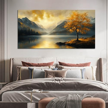 Ouzzlie Tree Wall Art for Gold Canvas Art Living Room - color: Yellow, size: 59"L x 29"W
