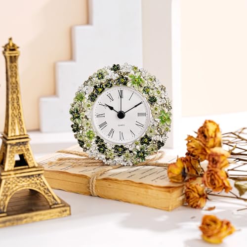 Floral Small Tabletop Clock, Battery Operated Metal Clock with Rhinestone for Bedside, Table, Living Room, Home & Office, Quartz Analog Movement - color: Green With White