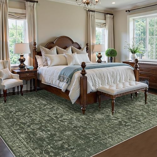 8x10 Washable Living Room Area Rug Soft Retro Dark Green Large Carpet - color: Dark Green, size: 8' x 10' (Rectangular)