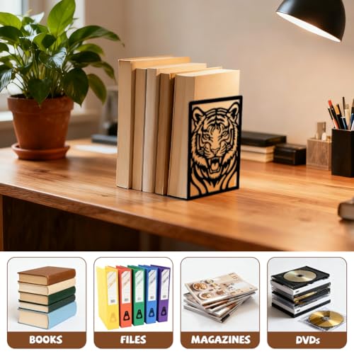 Peacoblue 5.3"x4.3"x7.9" Metal Bookends, Heavy Duty Book Ends for Shelves - style: Tiger Head