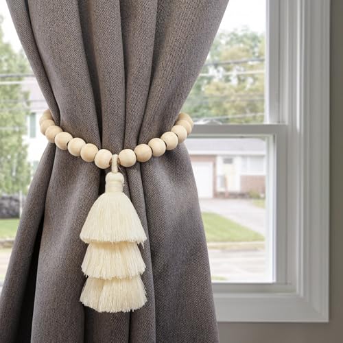 Magnetic Curtain Tiebacks with Wood Beads, Boho Rope Drapery Holdbacks with Triple Tassels, No Drill Curtain Holders for Farmhouse Bedroom, Living Room or Nursery, 2 Pack, Beige - color: Beige