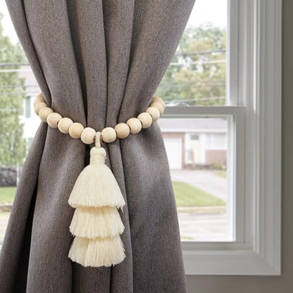 Magnetic Curtain Tiebacks with Wood Beads, Boho Rope Drapery Holdbacks with Triple Tassels, No Drill Curtain Holders for Farmhouse Bedroom, Living Room or Nursery, 2 Pack, Beige - color: Beige