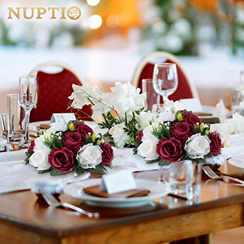 NUPTIO Flower Centerpieces for Tables, Fake Rose Balls, Burgundy & White - color: Burgundy & White, size: 2 Pcs