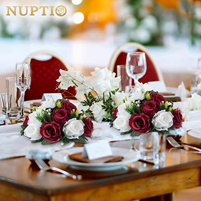 NUPTIO Flower Centerpieces for Tables, Fake Rose Balls, Burgundy & White - color: Burgundy & White, size: 2 Pcs