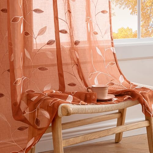 MIULEE Burnt Orange Sheer Fall Curtains 2 Panels Leaf Patterned, W52 x L45 - color: Burnt Orange, size: 52"W x 45"L (Pack of 2)