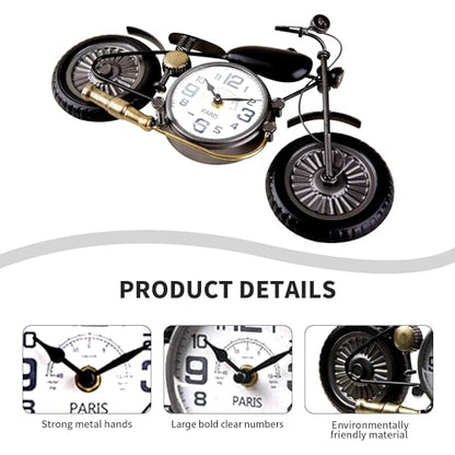 Dankeit Motorcycle Tabletop Clock, Retro Black Metal Clock, 12" x 10", Battery Operated, Silent, No Ticking, For Bedroom, Dining Room, Home Office, Living Room, Kid's Room