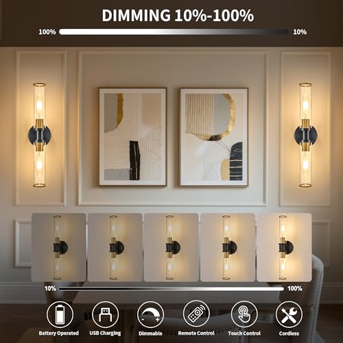 Rayogale Black & Gold Wireless Battery Operated Wall Sconces with Remote - color: Black Gold(Clear Tubular Lampshade)