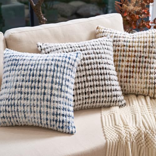 Aeckself Boho Chenille Tufted Pillow Cover 20x20 Inch, Decorative Square Throw Pillow Cover Neutral Pillowcase for Couch Bedroom Living Room, Blue White - color: Blue White, size: 20" x 20" (Pack of 1)